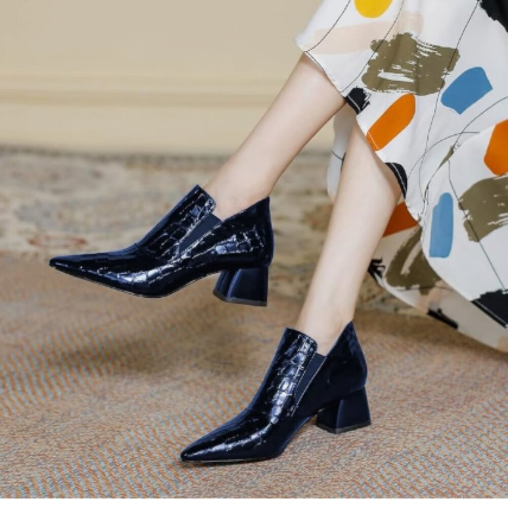 YDN Blue Sexy Pointed Toe Ankle Boots Chunky Low Heel Pull on Elastic Booties